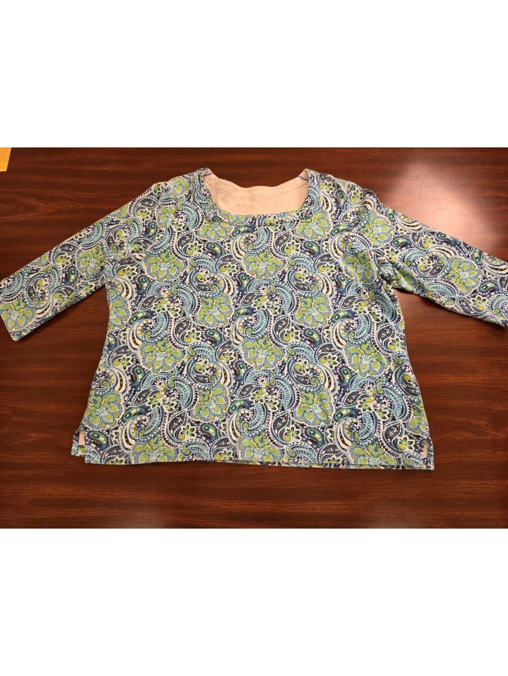 Kim Rogers 1X Blue Green Paisley Top 100% Cotton 3/4 Sleeve Boho Chic Casual